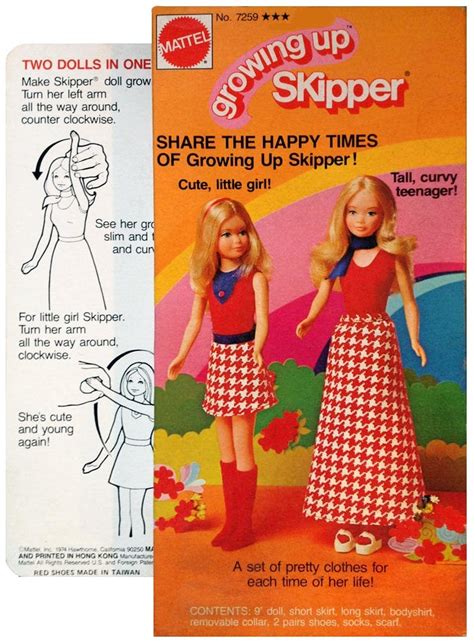 Grow up skipper doll - In 1971, apart of the Sun Set line of dolls, Skipper became Malibu Skipper with suntanned skin and twist 'n turn waist. She had a new look, much like the Living Skipper of 1970, but with fuller lips. In 1975, Growing Up Skipper was released. When you swiveled the doll's arm, she grew small breasts on her rubber chest and grew taller in height. 